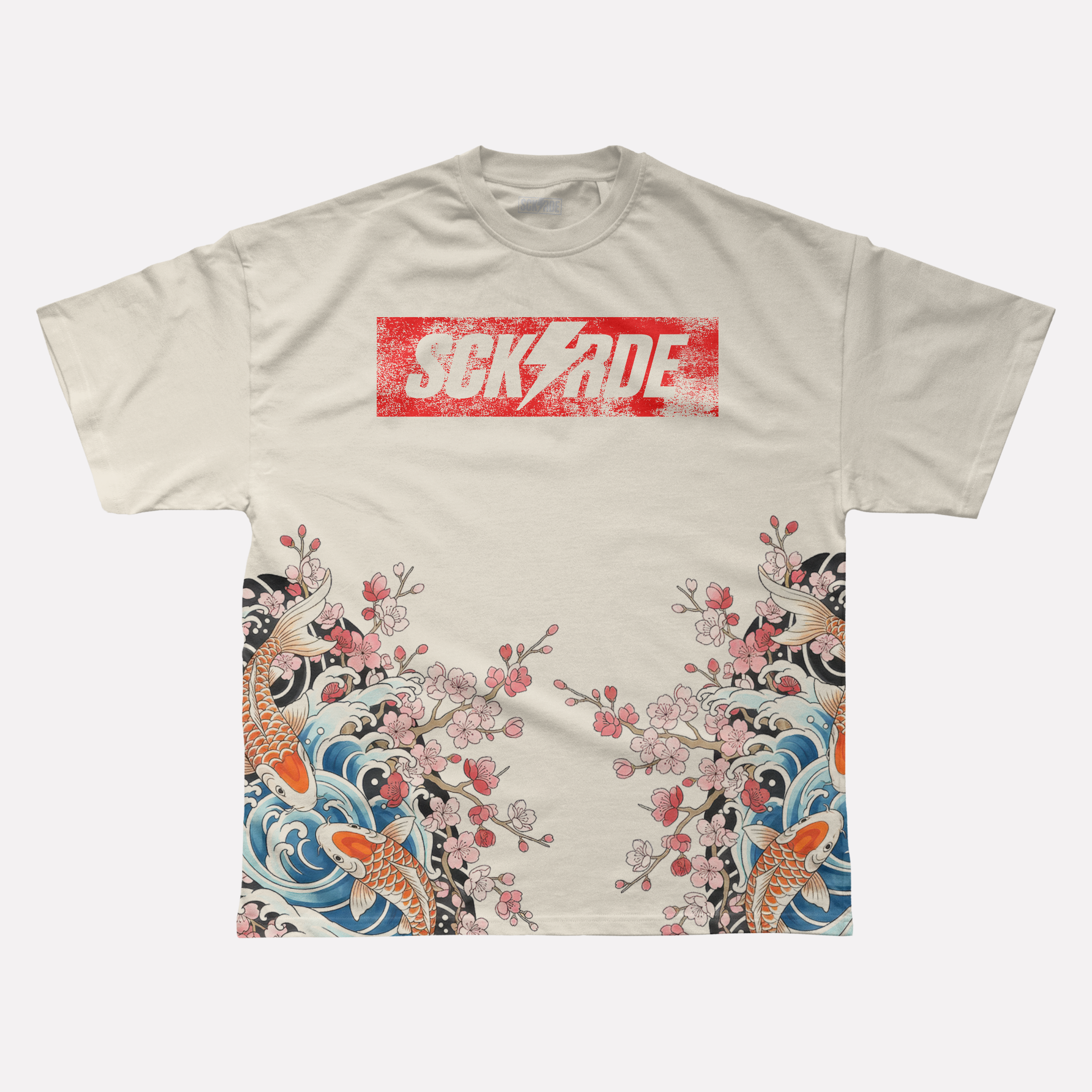 Beige t-shirt with 'SCK RDE' logo and koi fish design on a white background