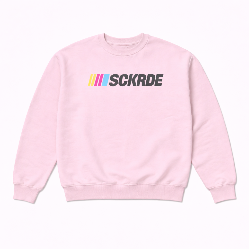 Pink sweatshirt with 'SCKRDE' logo on a white background