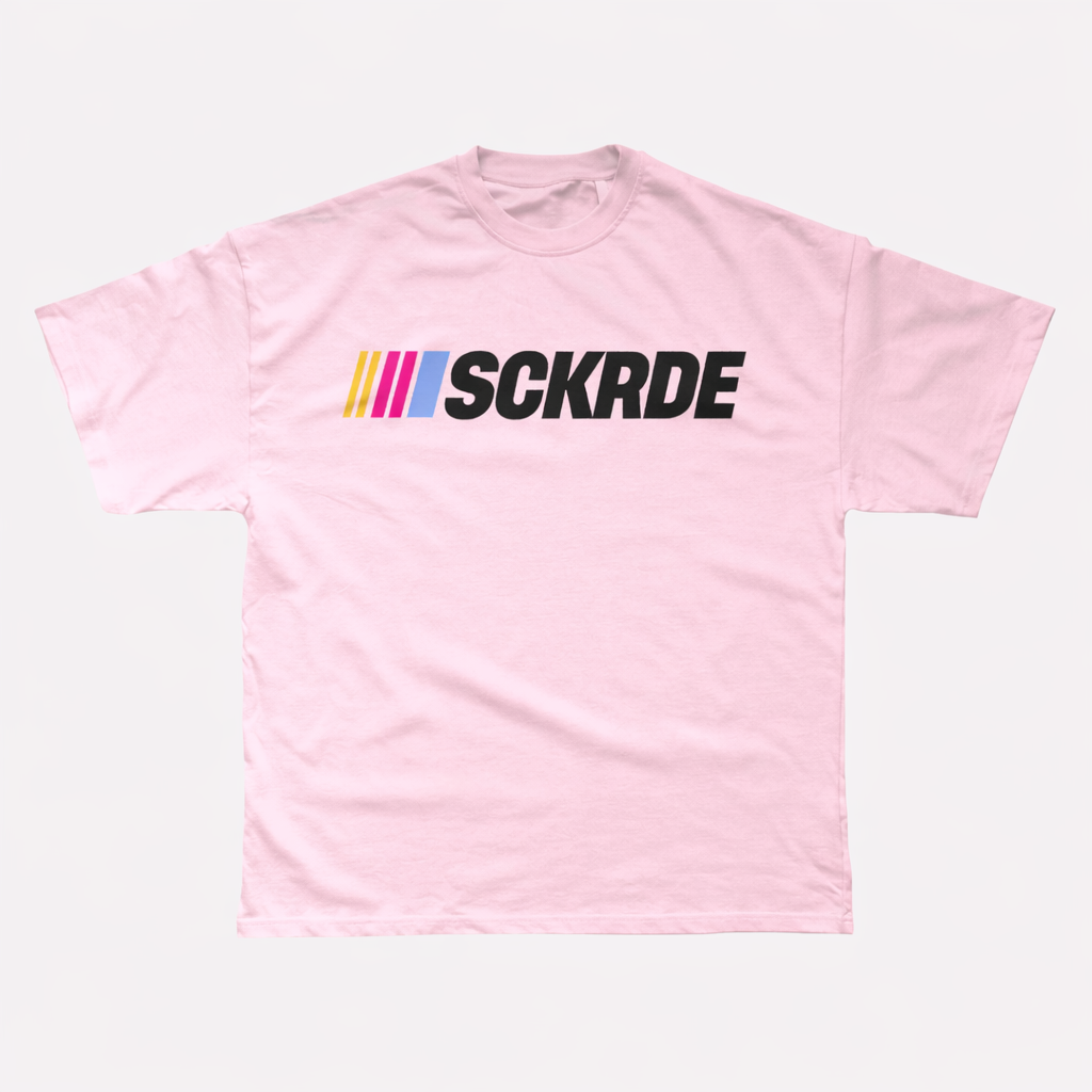 Pink t-shirt with 'SCKRDE' logo on a white background