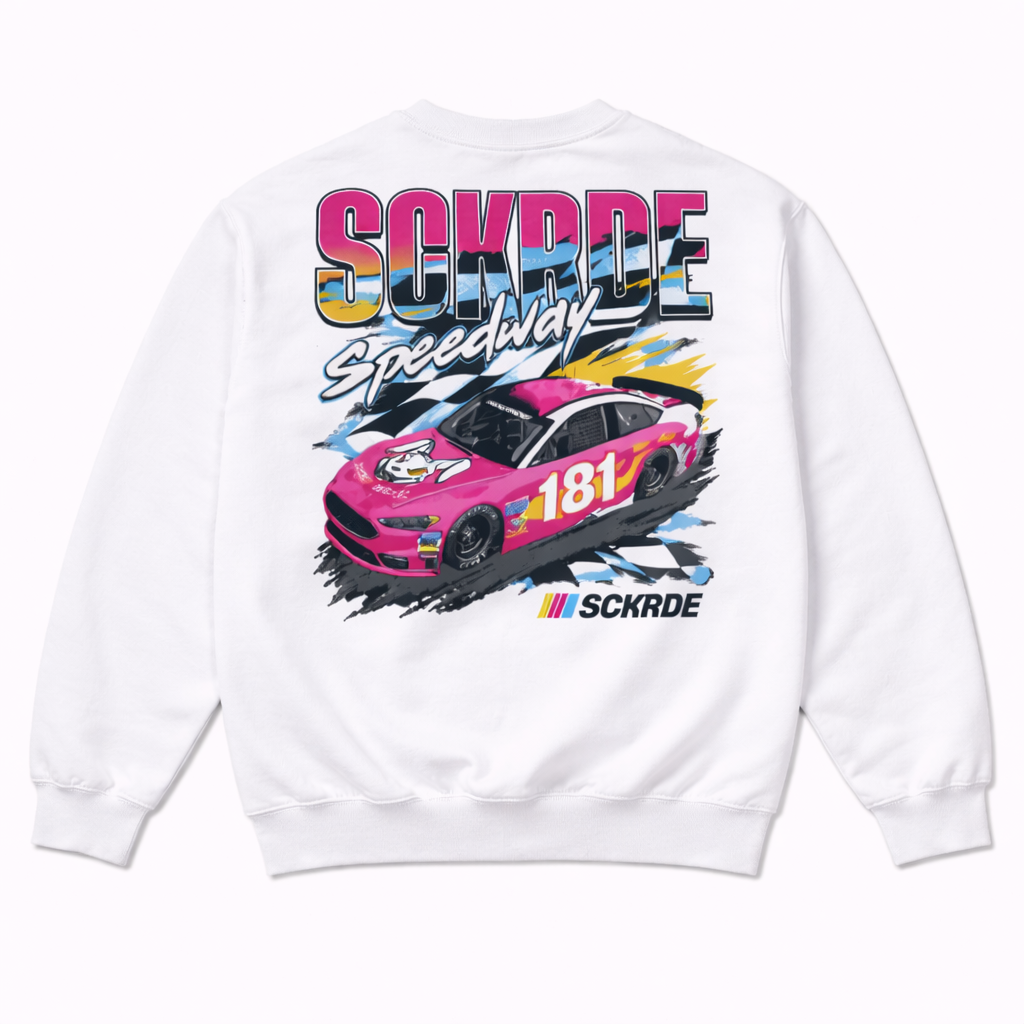 White sweatshirt with a pink race car graphic and 'Sckrde Speedway' text on the back.