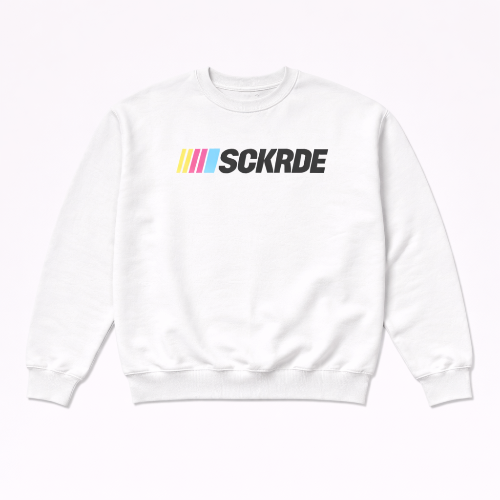 White sweatshirt with colorful logo on a white background