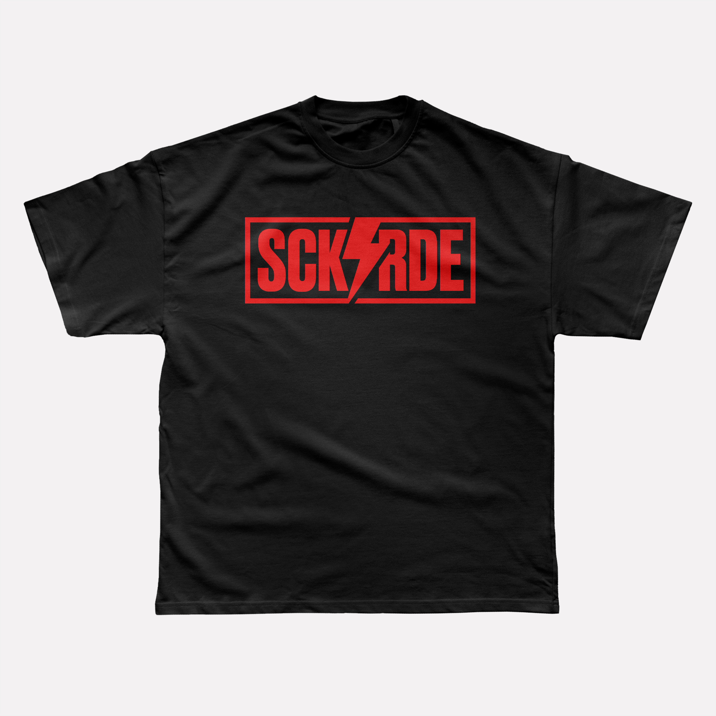 Black t-shirt with red 'SCKRIDE' logo on a white background