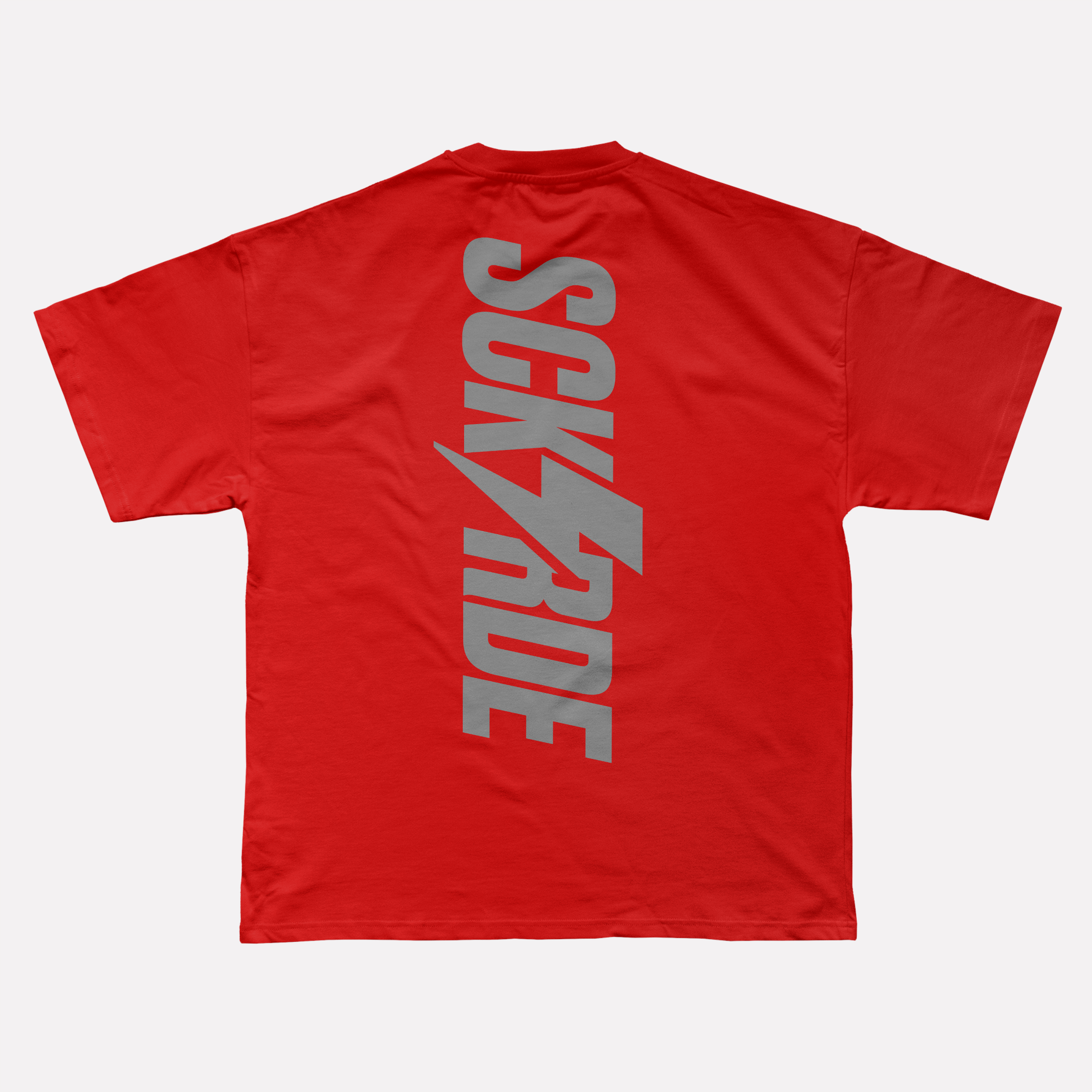 Red t-shirt with gray logo and text on a white background
