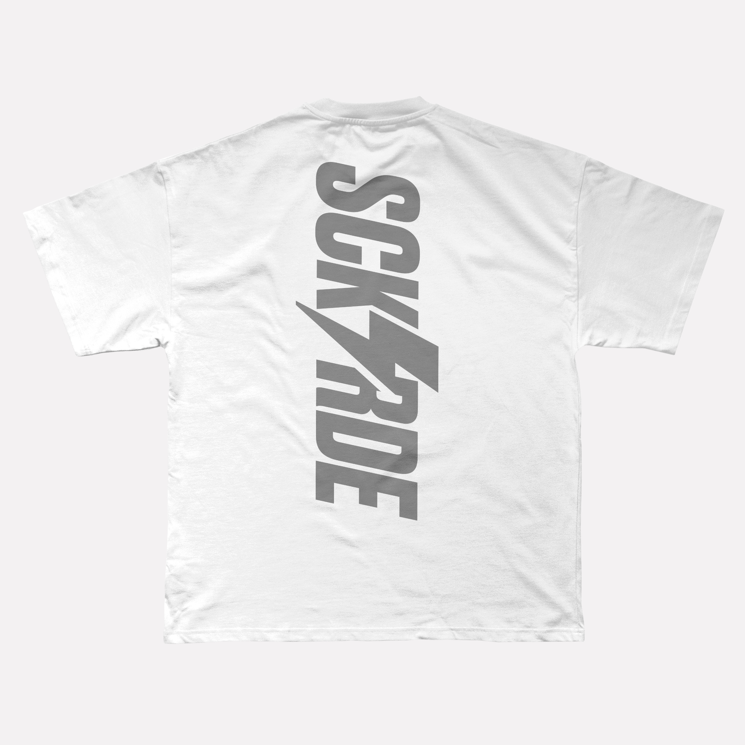White t-shirt with black text on the back against a white background