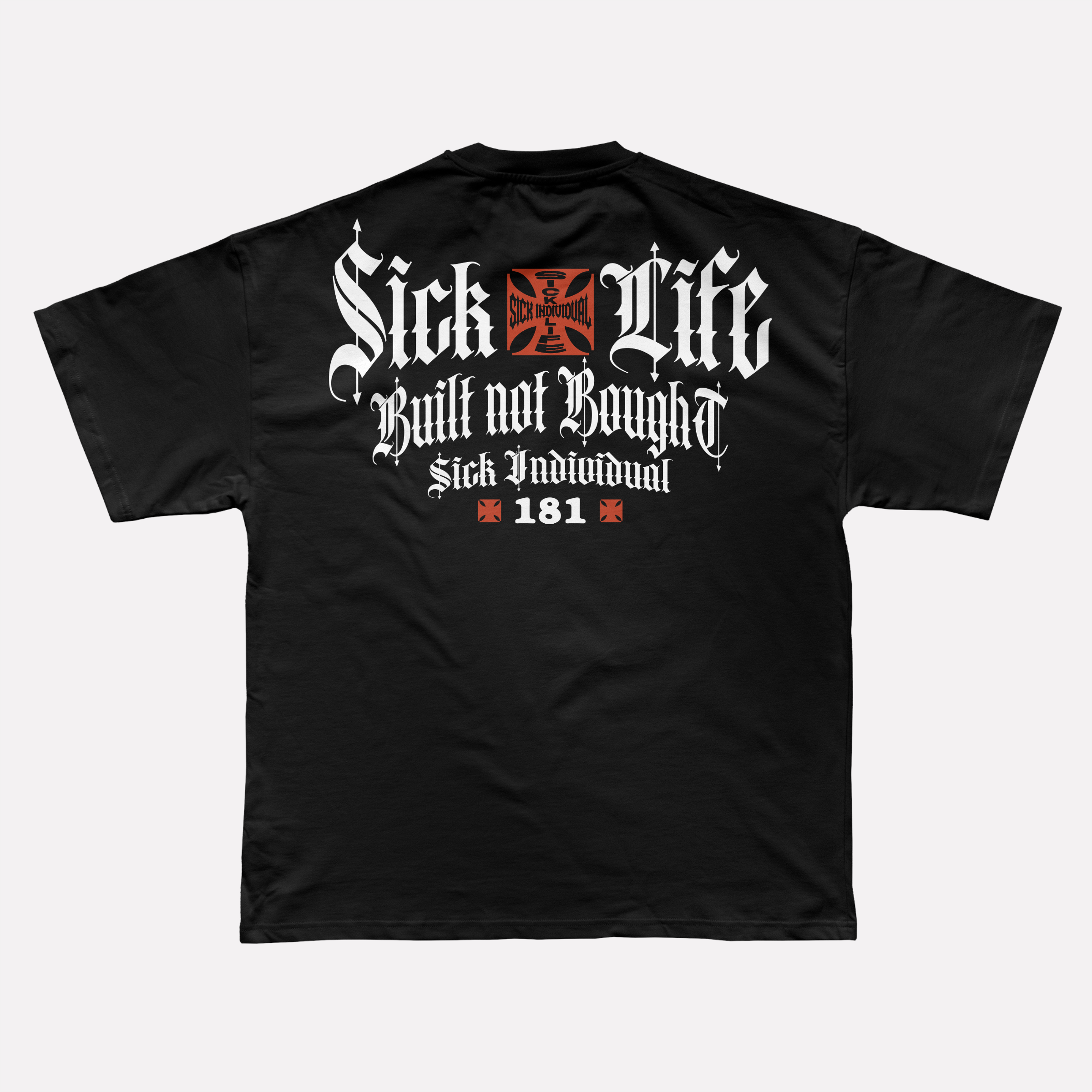 Black t-shirt with white and red text and graphics on a white background