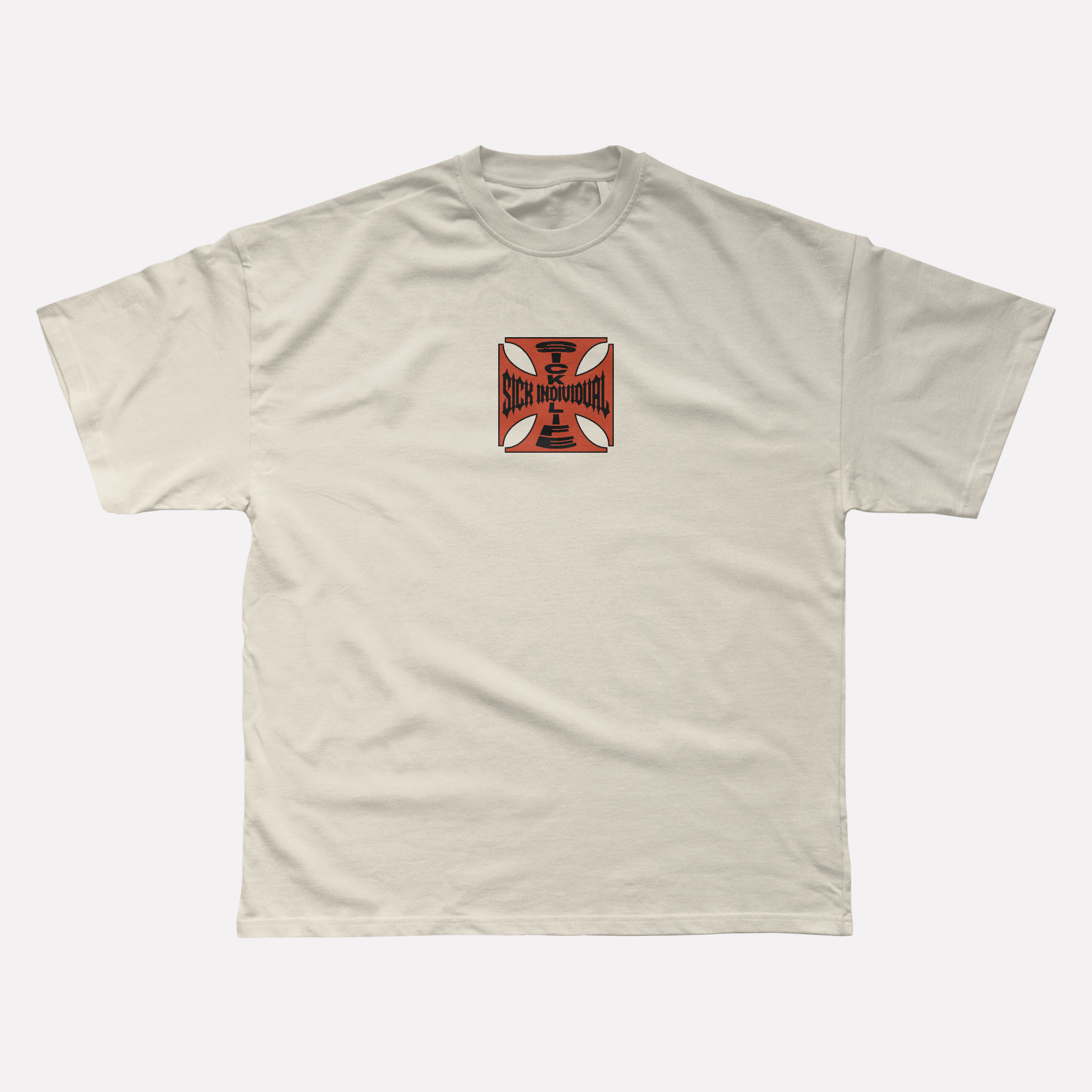 Beige t-shirt with a red and black logo on a white background