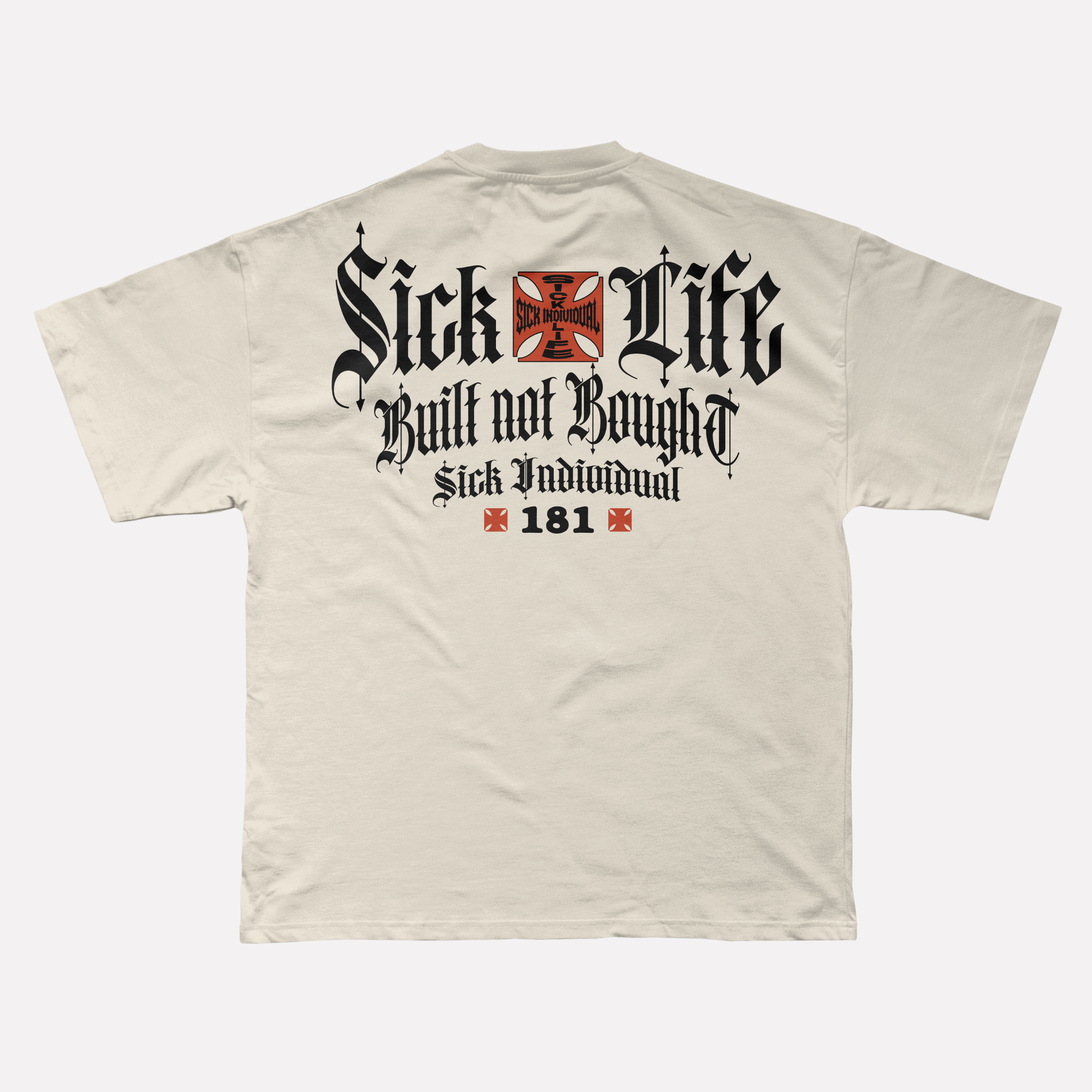 Beige t-shirt with black and red text and logos on a white background