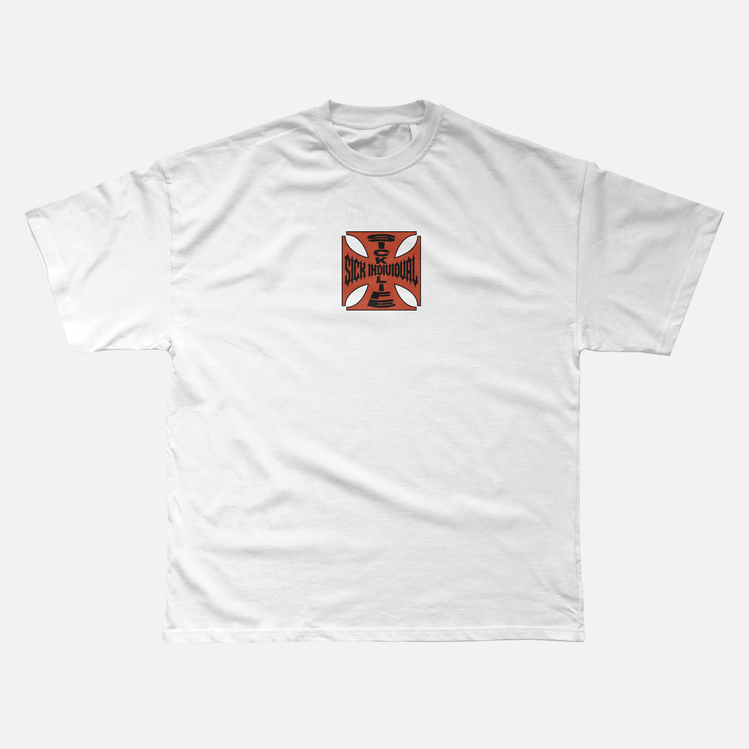 White t-shirt with a red and black logo on a white background