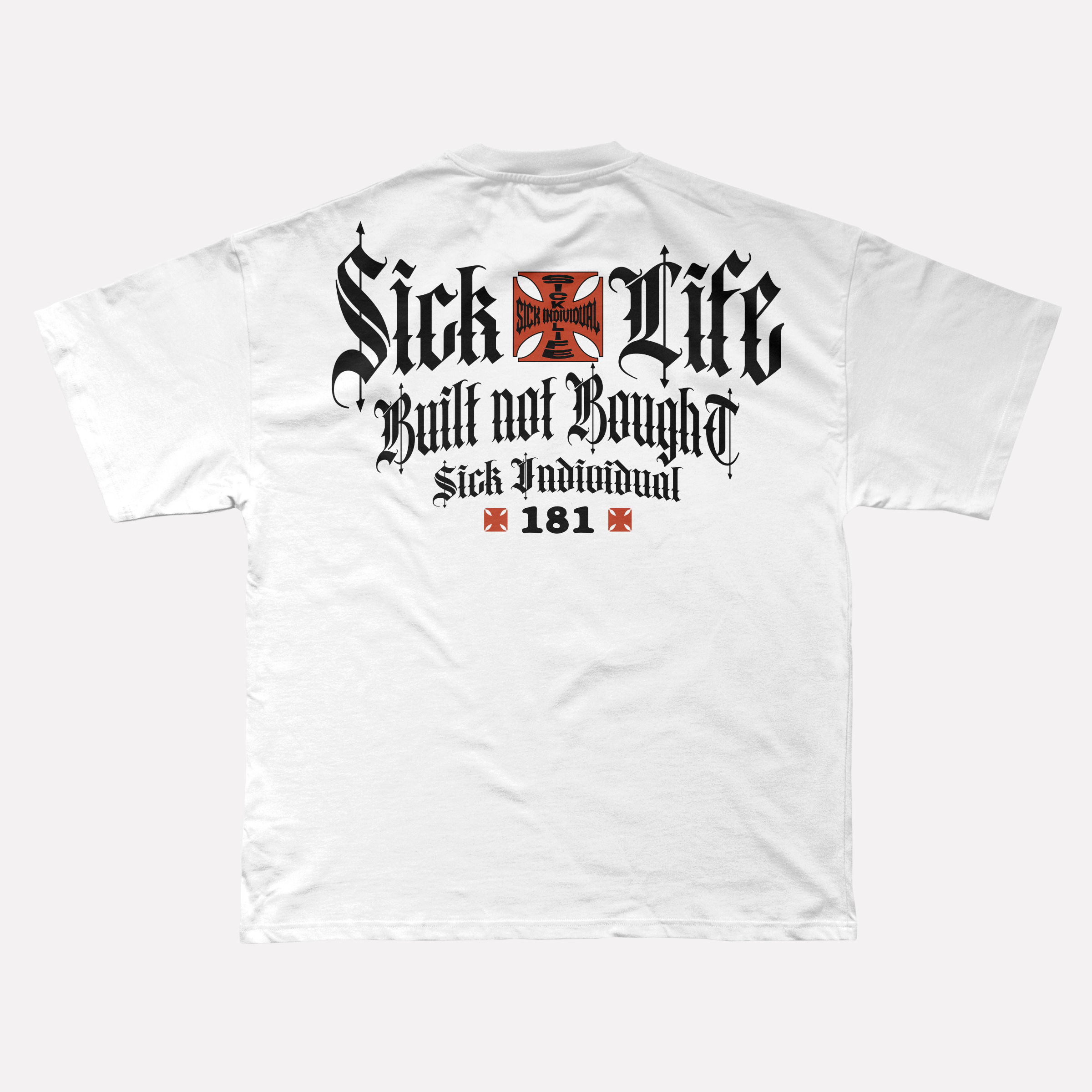 White t-shirt with black and red text and graphics on a white background