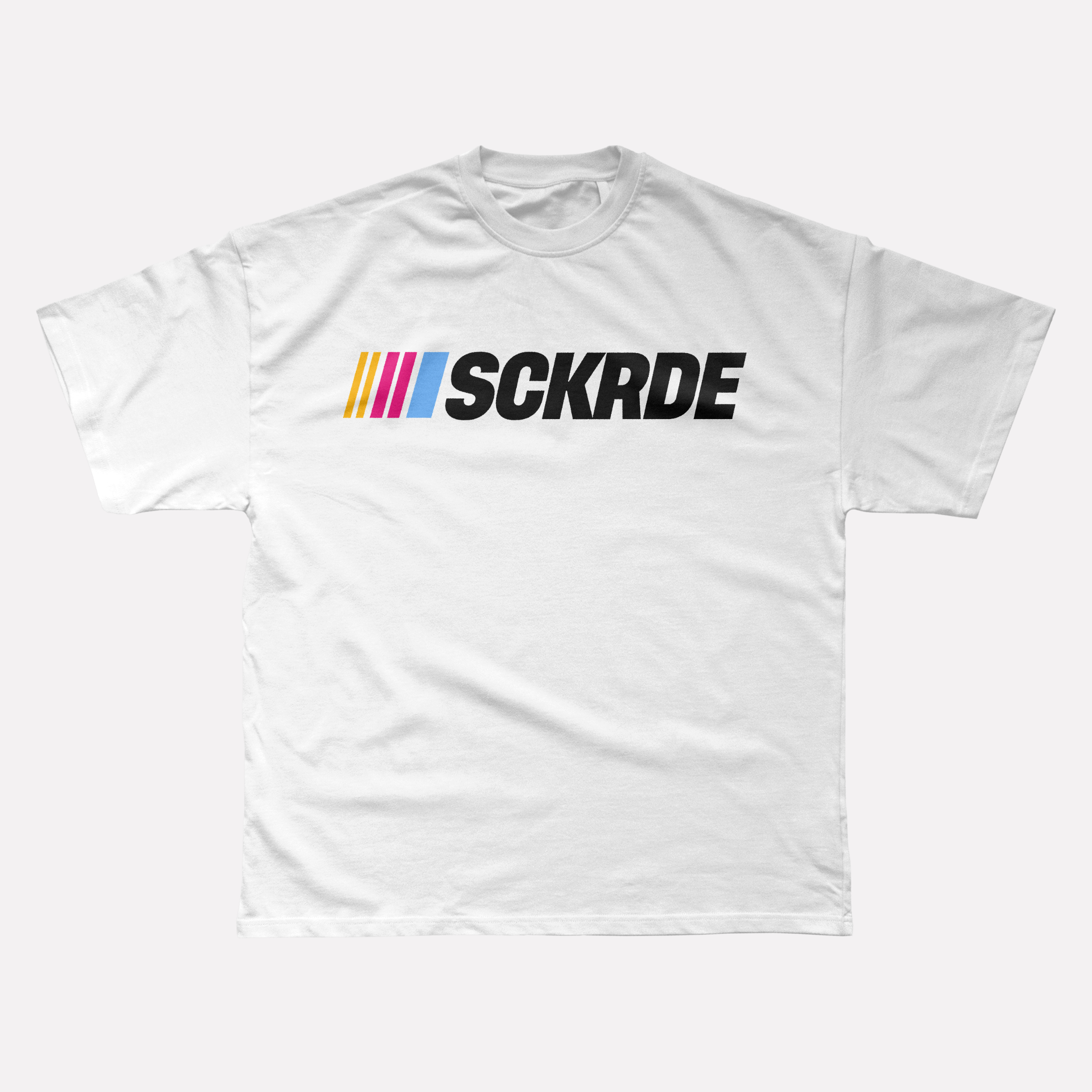 White t-shirt with 'SCKRDE' logo on a white background