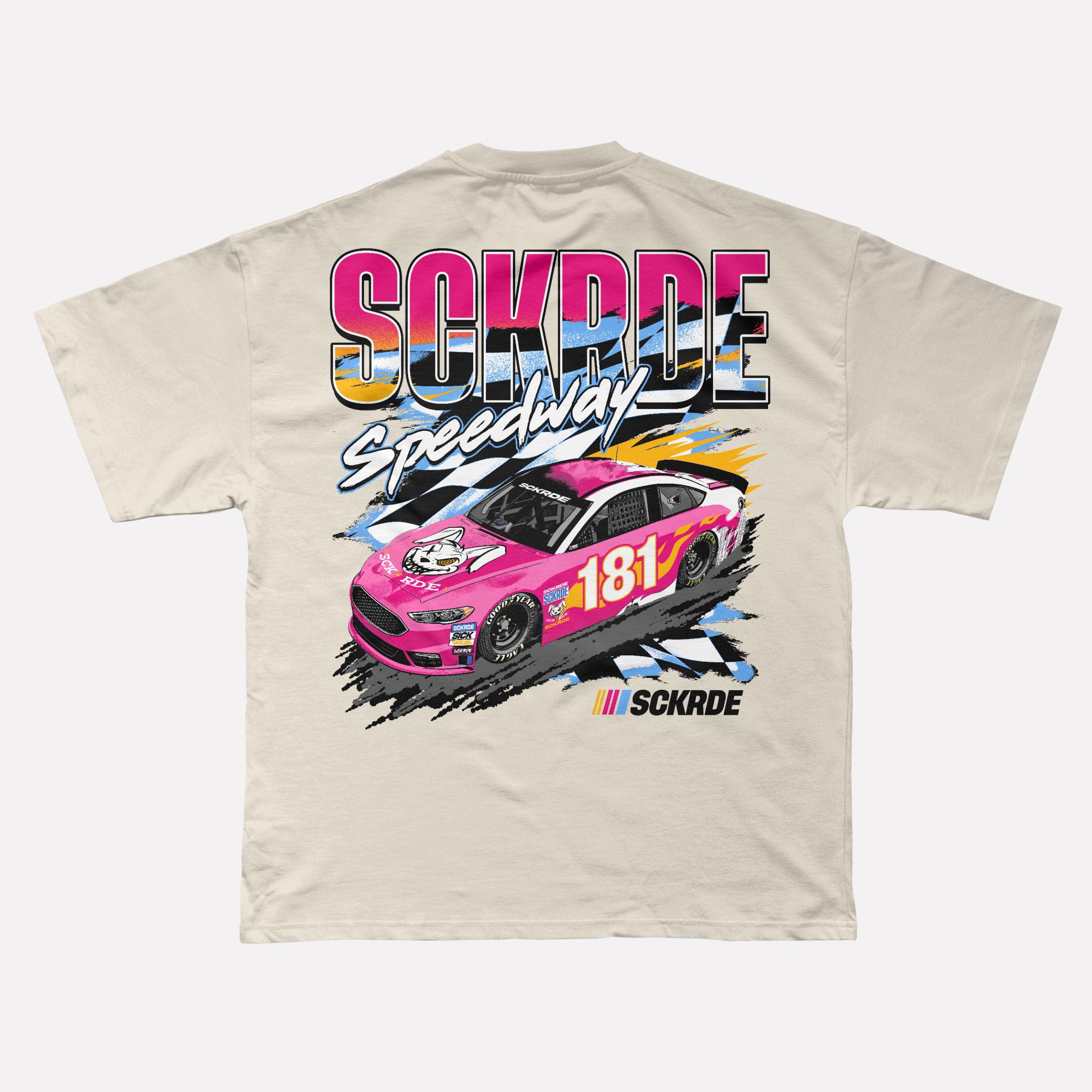 Beige t-shirt with pink race car and 'SCKRDE Speedway' design on a white background