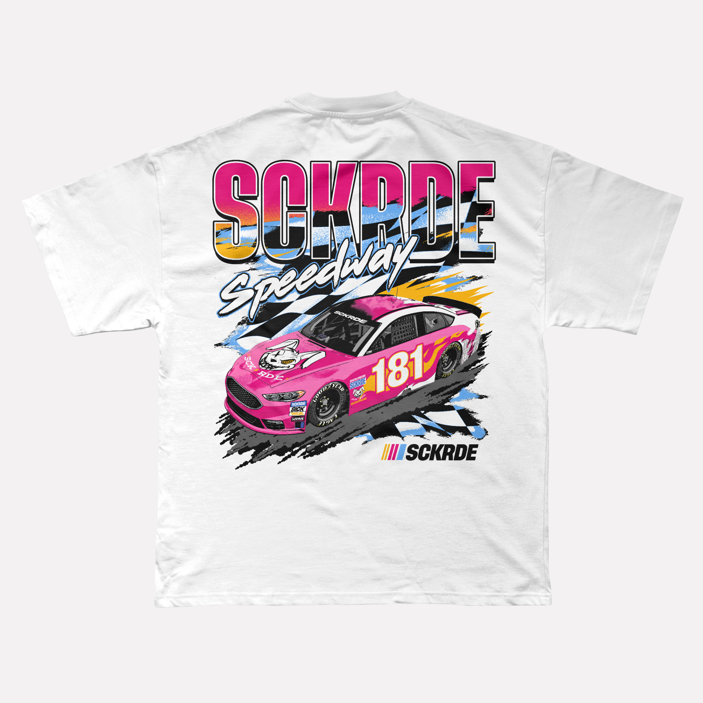 White t-shirt with a pink race car and 'SCKRDE Speedway' text on a white background