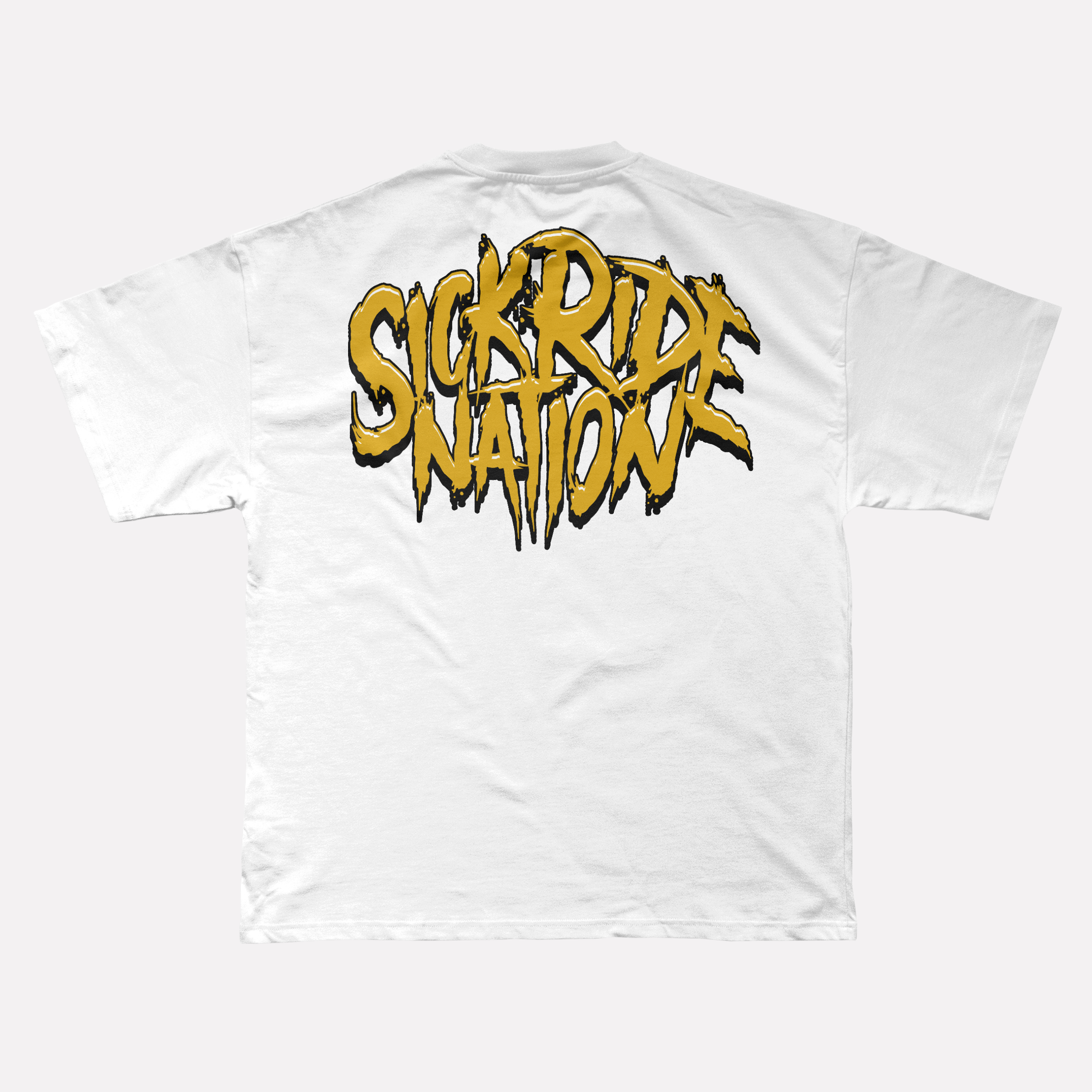 White t-shirt with 'Sick Ride Nation' text in yellow on a white background