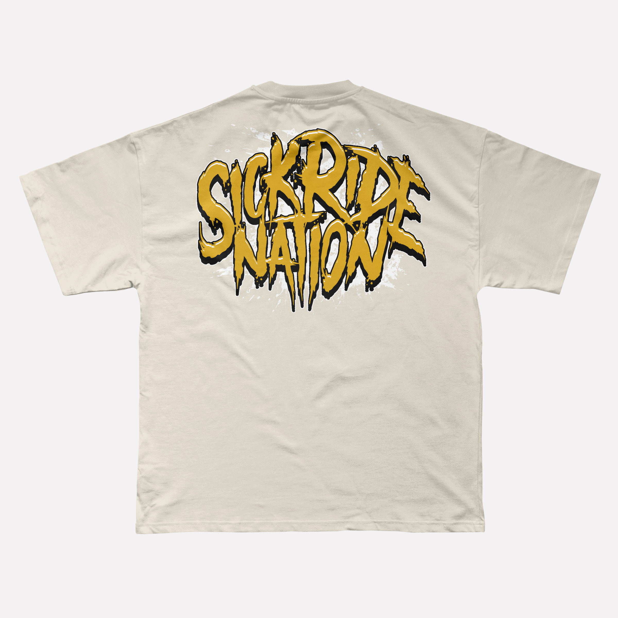 Beige t-shirt with 'Sick Ride Nation' text on a white background