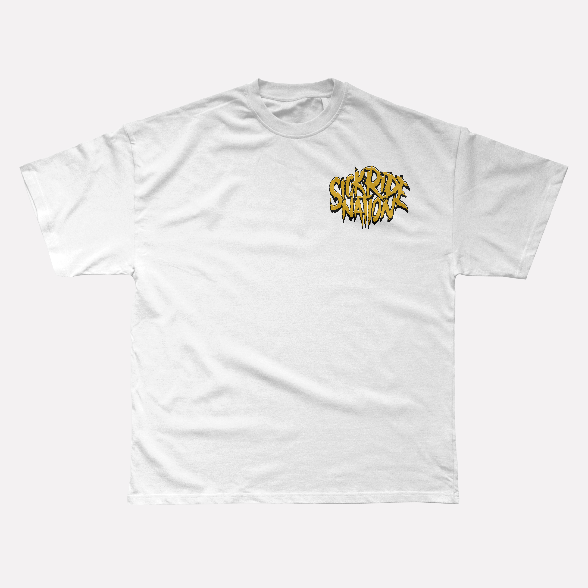 White t-shirt with yellow text on a white background