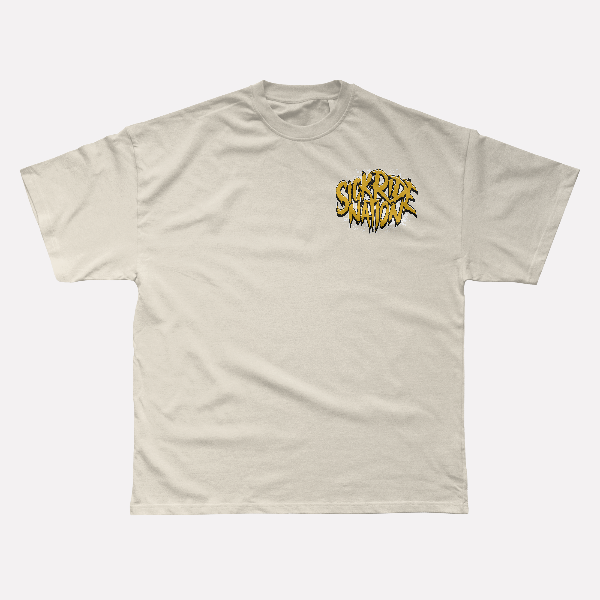 Beige t-shirt with yellow text on a white background