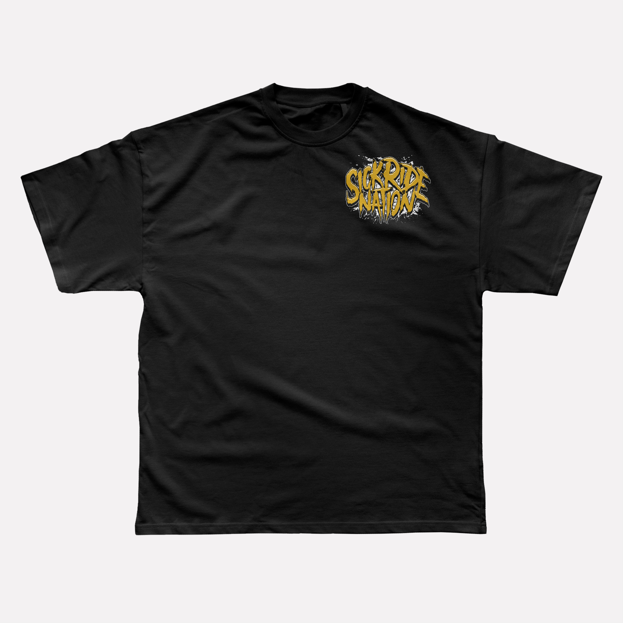 Black t-shirt with yellow and white graphic design on a white background