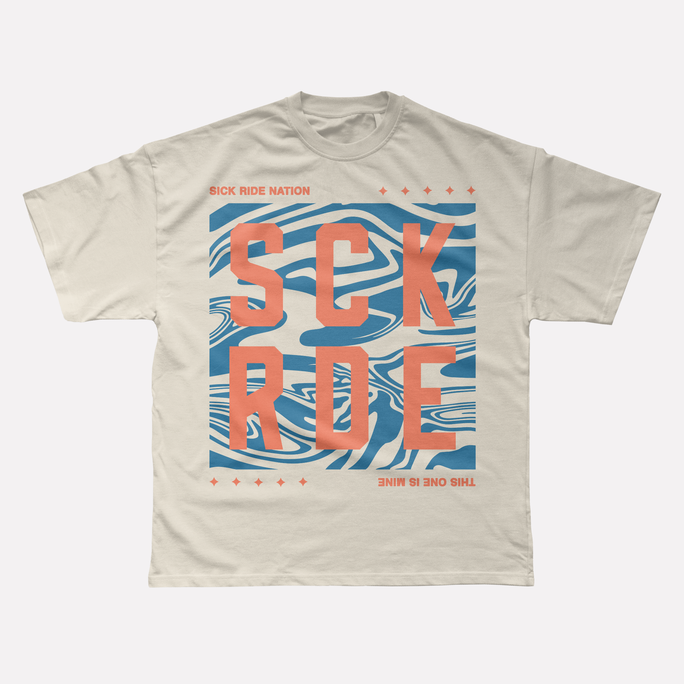Beige t-shirt with 'SCK RIDE' graphic design on a white background